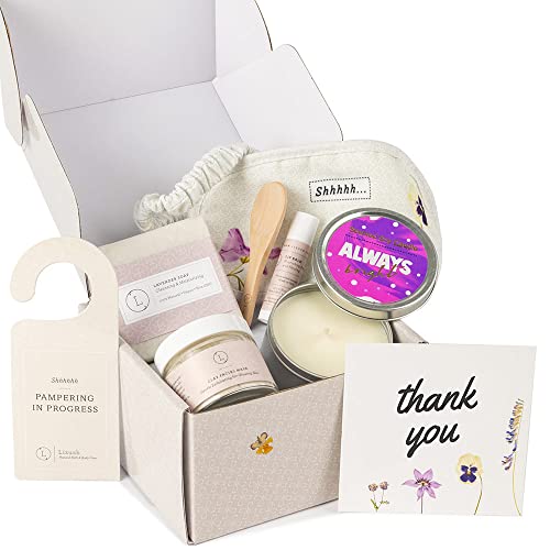 Lizush Luxury Spa Gift Basket And Self Care Gifts For Women With Lavender Candle, Soap Bar, Facial Mask, Lip Balm, Eye Mask, Door Hang Tag - Thank You - 6 Piece Set #TOP4