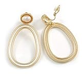 Pendientes de clip ovalados grandes de esmalte blanco con perla de agua dulce/55 mm L/tono dorado