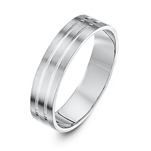 Theia Anillo de Bodas de Oro Blanco, 9K, Super peso pesado, Forma Plana con Dos Ranuras Pulidas, 5mm - Tamaño 16.5