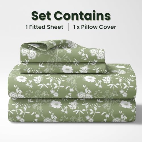 Image of LORETO - A QUALITY LINEN BRAND 144 TC 100% Pure Cotton Single Fitted Bedsheet with 1 Pillow Cover for 72 x 36 Inch Mattress, All-Around Elastic, 8 Inch Deep Pocket, Olive Green Floral Whisper