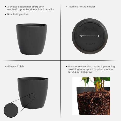 Image of YUCCABE ITALIA SHERA Stella 8 Inch Plastic Plant Pot for Home Decor Indoor Plant Pots for Living Room Plastic Flower Pot for Garden (Grey, 8 INCH - 2 Pcs)