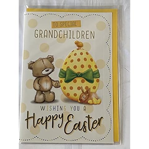 POPPY HILL With Love Grandchildren Easter Wishes Easter Card Teddy/Easter Eggs/Rabbit/Chicks/Spots Foil Detail (PH47781) Cover