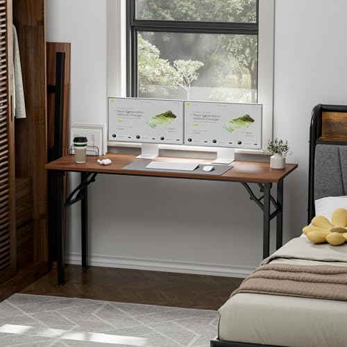 Image of TEMI Long Computer Desk Folding Table - 55.1 inch Foldable Office Desk, No Assembly, Perfect Writing Table for Bedroom, Dorm, or Apartment, Portable Large Desk or Study Table with Compact Design, Walnut