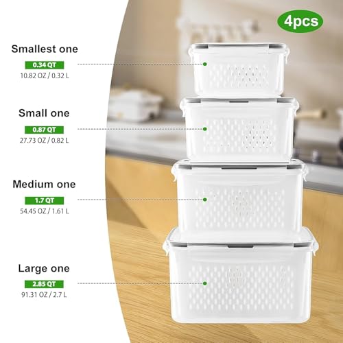 Freshmage Fruit Storage Containers for Fridge with Removable Colander, Airtight Food Storage Container, Dishwasher Safe Produce Saver for Refrigerator, Keep Berry Fruit Fresh Longer 4 pcs Small Clear