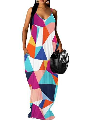 Image of Women's Summer Maxi Dress Spaghetti Strap Floral Boho Beach Long Sundress with Pockets