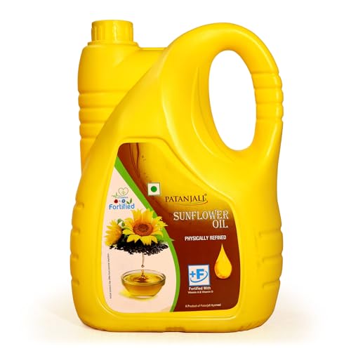 Patanjali Fortified Sunflower Oil Cold Pressed Cooking oil suitable for Cooking & Frying, Nutrient-Rich & Cholesterol Free Cooking Oil for Everyday Use, 5L Jar