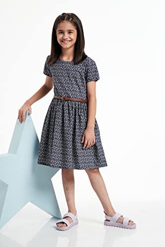 Image of Amazon Brand - Jam & Honey Girl's 100% Soft & Pure Cotton Comfortable and Stylish Printed Woven Dress with Short Sleeves and Belt - Perfect for Every Occasion