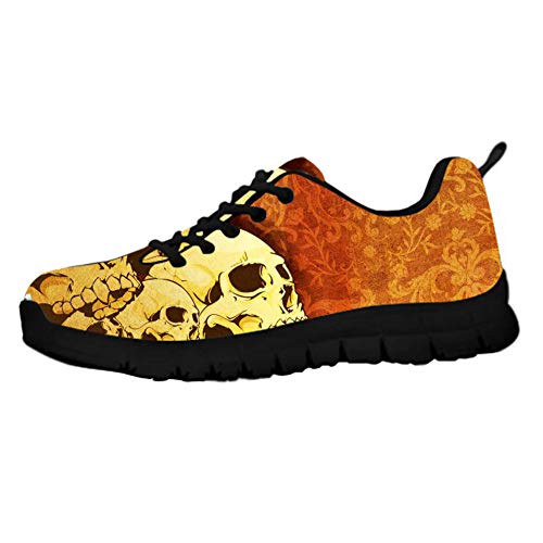 HUGS IDEA Zapatillas Entrenamiento Gimnasia Hojas Doradas Calavera Vintage, Calavera Floral Retro NóRdicos, Zapatos Deportivos Malla Parte Superior Baja, Regalo para Mujer EU 42