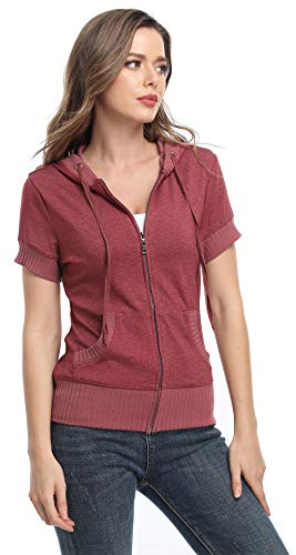 MISS MOLY Women's Zip Up Hoodie Short Sleeves Hooded Jacket Casual Lightweight Sweatshirt with Pockets Rust Red M