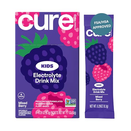 Cure Hydration - Kids Electrolyte Drink Mix | Plant-Based Pediatrician Formulated Rehydration | No Added Sugar, FSA-HSA, Non-GMO, Gluten-Free, No Artificial Flavors | Box of 6 Packets - Mixed Berry