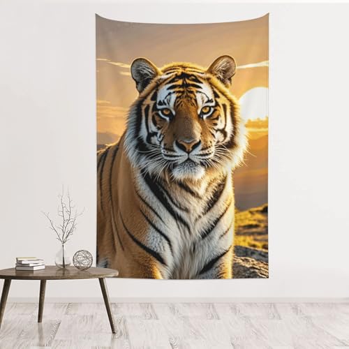 Tapisserie murale tigre soleil levant pour habiller un mur vide sans faire de trou ni trace
