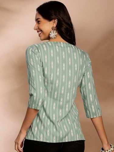 Image of Pinkmint Women's Printed Cotton Blend Short Kurti with 3 /4th Sleeve & Notch Neck l Casual & Office Wear Tunic Shirt Kurti