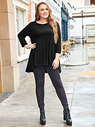Larace Womens Plus Size 3/4 Sleeve Loose Fit Flare Swing Tunic Tops Floral High Low Basic T Shirt, Black 2X #TOP2