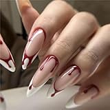 Halloween Blood Fake Nail Long Stiletto Press on Nails White French Tips Nail Art Decoration for Women and Girls Manicure 24pcs (XY-60-91)