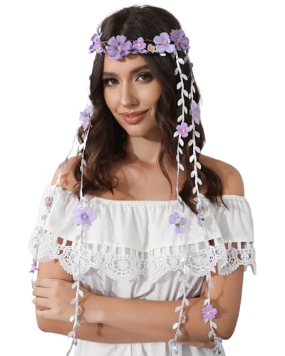 AWAYTR Flower Crowns for Women Flower Girl Headbands with Vines Adjusatble Leaf Fairy Crown for Bridal Wedding Festival Party Photo (Purple)