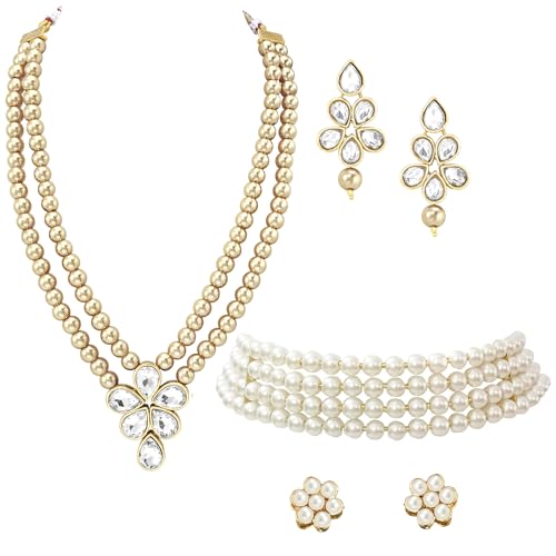 Image of Peora Crystal Faux Pearl Kundan Necklace & Jewellery Set Gift for Women