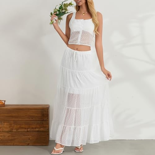 Owl's-Yard Women Summer Polka Dots 2 Piece Sets Sleeveless Square Neck Crop Top Long Skirt Casual Beach Vacation Skirt Set3