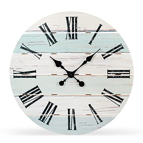 Mustry Wall Clock - 18 Inch Rustic Solid Wood Wall Clock Battery Operated, Farmhouse Kitchen Clocks Silent, Beach Wall Clock For Living Room Decor Bathroom Bedroom Non Ticking #TOP1