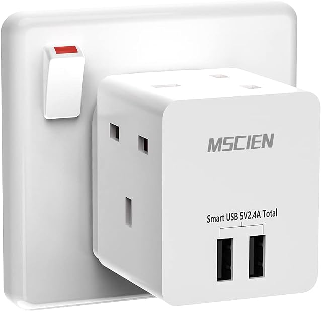 3 Way Plug Adapter UK With 2 USB, Mscien Multi Plug Adaptor, Cube Plug Extension