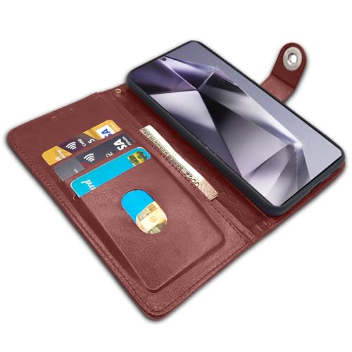Image of Pikkme Samsung Galaxy S24 Ultra 5G Flip Cover Leather Finish | Inside TPU with Card Pockets | Wallet Stand and Shock Proof | Complete Protection Button Flip Case (Brown)