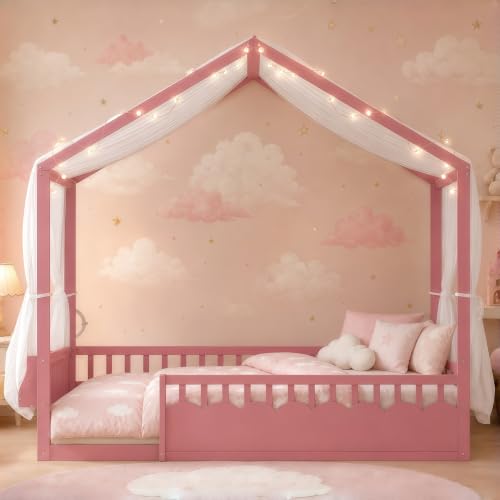 Image of Bellemave Full House BedFrame with Canopy, Montessori House Bed with LED and Bookshelf and Rails for Kids, Pink