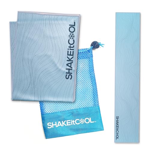 SHAKEitCOOL Original Cooling Towel – Be Cool in Style - Heat Relief, Soft, Lightweight, Sun Protection, Easy Clean - Perfect for Biking, Running, Yoga, Gym, Gardening - Blue Wave