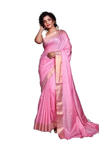 INDIA SILK PWCS LTD Pure Tussar Moonga Silk Saree With Running Blouse Color (Baby Pink)