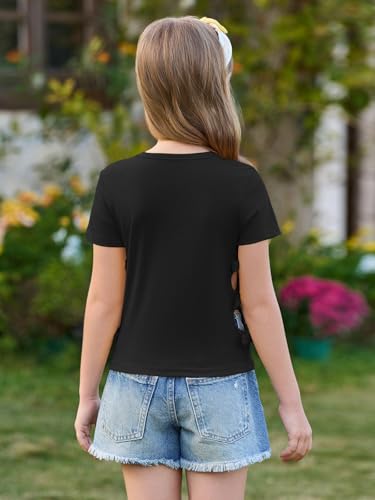Image of Haloumoning Girls Short Sleeve Shirts Kids Summer Casual Side Bow Knit Tops Tees 5-14 Years
