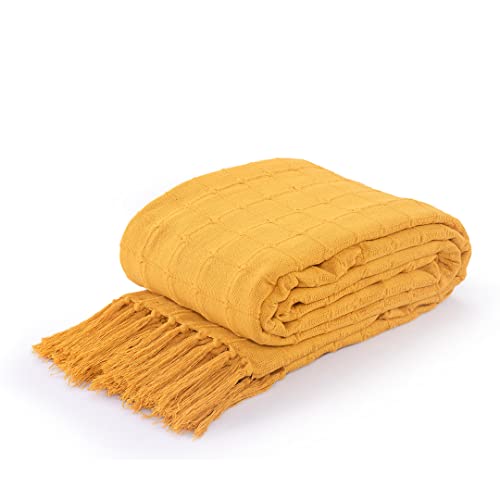 Überwurf für Sofa, 100 prozent indische Baumwolle, gewebt, handgewebt, Quaste, Sessel, dekorative Decke (Senf/Ocker, 228 x 254 cm)