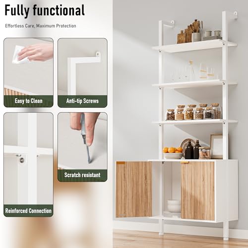 74" Tall Bookshelf with Storage Cabinet, Modern Ladder Shelf with Wood and Metal Frame, Wall Mount Bookcase Open Display Shelf Furniture for Living Room, Bedroom, Home Office, White and Oak - Image 5