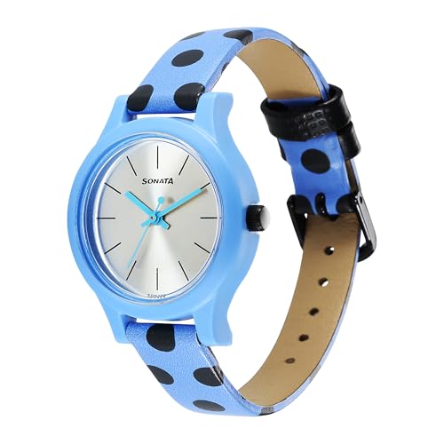 Image of Sonata Dot to Dot - Excl Fkt Plain 3 Hands Silver White Round Dial Dark Blue A1Leather Strap Women's Watch - 87030PL15W