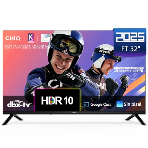 CHiQ LF32FT Smart TV 32' (81 cm), Full HD, HDR10, Google TV OS, Dolby Audio y DBX-TV, Sintonizador DVB-C/T/T2/S/S2, Chromecast Integrado, Diseño Metal Sin Marco
