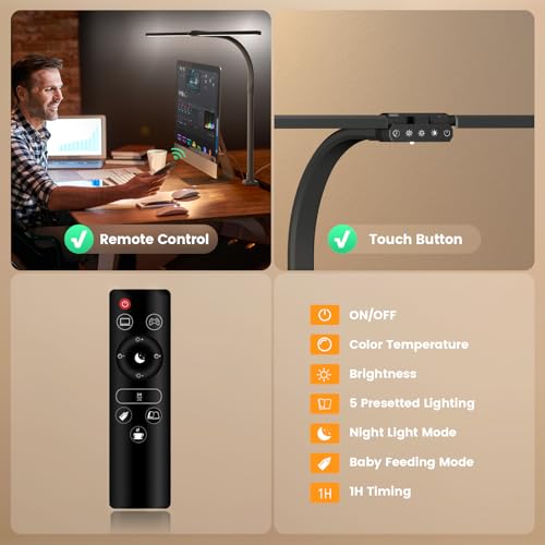Image of SIBRILLE Upgraded Desk Lamp for Home Office - Dimmable Computer Desk Light with Remote, Modern Architect Task Lamp with Color Changing, Flexible Desktop Lamp with Gooseneck for Monitor, Double Head
