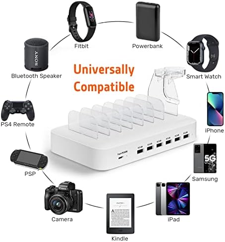 Alxum 7 Ports USB C Charging Station with 30W PD Fast Charge, 2.4A Multi Devices Charging Station with 7 Short Mixed Cables for Phones, Tablets and More