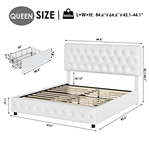 Keyluv Modern Upholstered Bed Frame With 4 Drawers, Button Tufted Headboard Design, Solid Wooden Slat Support, Easy Assembly, Queen Size, White #TOP1