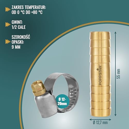 Poppstar mosiężna złączka wężowa 1/2 cala z 2 zaciskami ślimakowymi ze stali nierdzewnej do węża ogrodowego 1/2" (12,7 mm)
