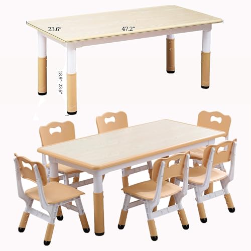Kids-Table-and-6-Chair-Set-Height-Adjustable-Multifunctional-Desk-Ergonomically-Designed-Chairs-Max-300lbs-for-Ages-2-10-Classroom-Daycares-Home Kids Table and 6 Chair Set Height Adjustable Multifunctional Desk Ergonomically Designed Chairs Max 300lbs for Ages 2 10 Classroom Daycares Home