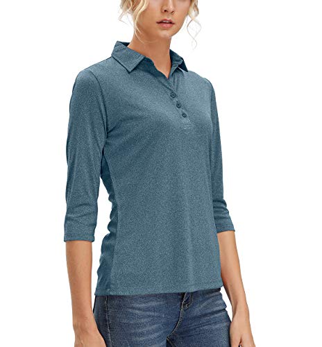 Women's 3/4 Sleeve Polo Shirts Moisture Wicking Performance Knit Tops Fitness Workout Running Sports Leisure T-Shirt (Navy Blue,L) #TOP1