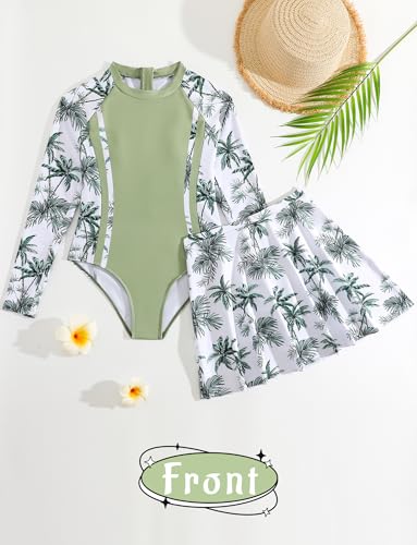 SEAUR Girls Printed Rash Guard Swimsuits with Skirt Kids Sun Protection Bathing Suits Zipper Swimwear UPF 50+3