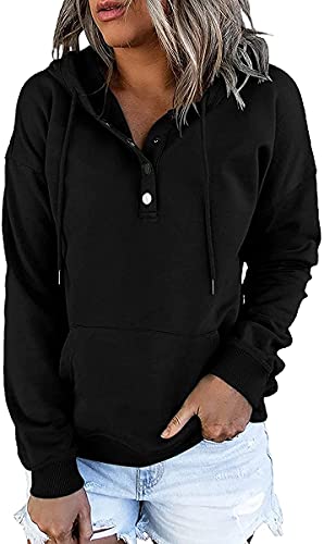 Image of KISSMODA Women Pullover Classic Hooded Sweatshirt Standard Button Down With Front Pocket For Women Casual Tops Black Small