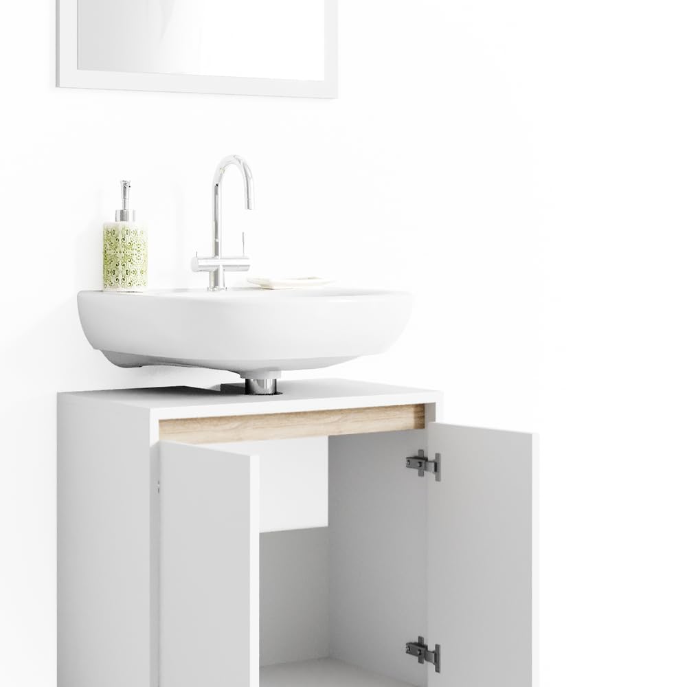 Vicco Set mobili bagno Emma, Bianco/Sonoma, 58 cm, composto da specchio da bagno e mobile sottolavabo