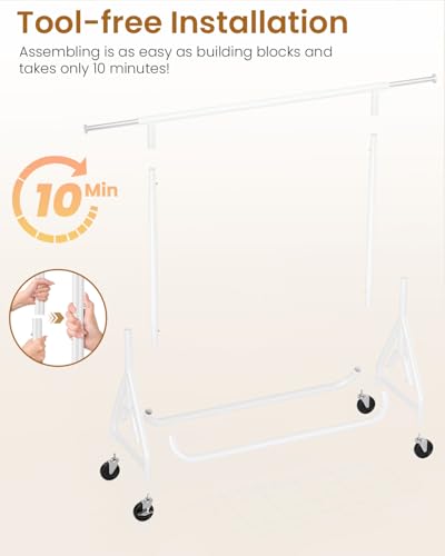 Image of Heavy Duty Clothes Rack, Metal Clothing Rack Load 450 LBS, Rolling Coat Racks for Hanging Clothes with Lockable Wheels, Wardrobe Closet Garment Racks for Bedroom, White