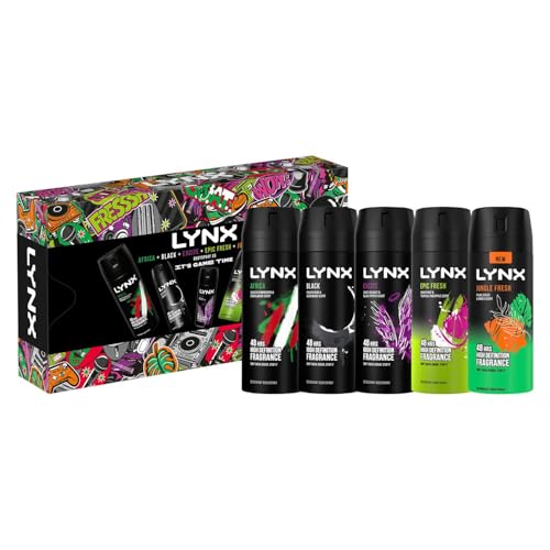 Lynx IT'S GAME TIME Body Spray Collection with 48 Hours Protection Africa, Black, Excite, Epic Fresh, Jungle Fresh Deodorant 5 Pieces Gift Set for Him