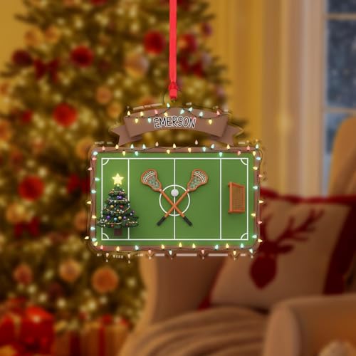 Personalized Lacrosse Ornament with Green Sports Field Design, Customizable Christmas Tree Decor for Lacrosse Fans, Sports Holiday Hanging Decoration