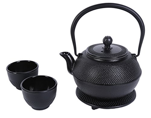 Juvale Black Cast Iron Tea Kettle Set for 2 - Contemporary Dutch Hobnail Design with Trivet, Two Cups - 1200 mL