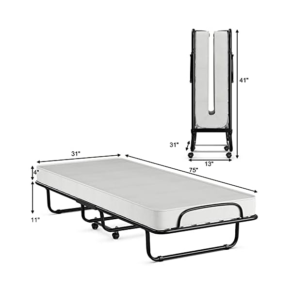 Xu Yuan Jia-Shop Rollaway Bed Folding Metal Bed Cot-Size Folding Bed with Wheels, 75”x 31" - Image 3