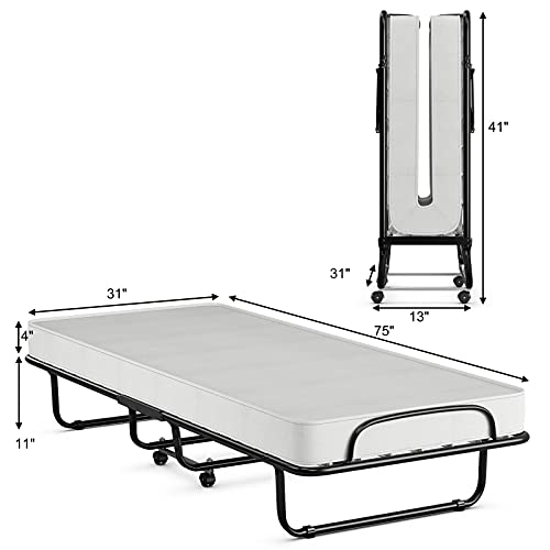 Folding Bed Rollaway Bed Folding Metal Bed Cot-size vouwbed met wielen, 75"x 31" Heavy Duty Guest Bed - Afbeelding 3