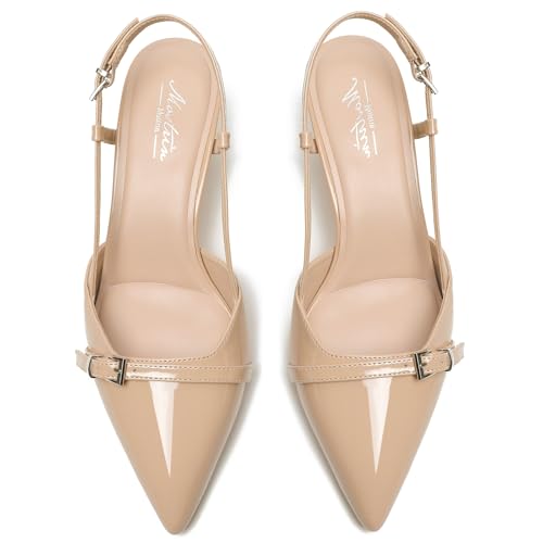 Image of Mostrin Kitten Heels for Women Pointed Toe Pumps Patent Leather Low Heel Slingback Heels with Buckle Dress Shoes for Dating Party Working