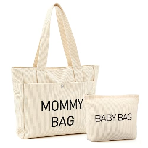 Xuniea Set de 2 Cadeaux pour Futures Mamans Grand Sac Seau en Velours Côtelé MOMMY BAG Trousse de Maquillage de Femme Enceinte BABY BAG Sac à Main Zippé pour Nouvelle Maman Femme Baby Shower Annonce