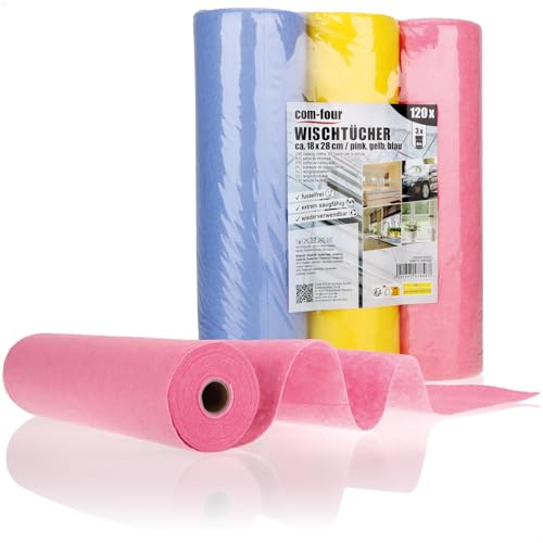 com-four® Toallas para el hogar 120x en Rollos - Paños de Limpieza Extremadamente absorbentes y duraderos Hechos de Viscosa - Toallitas Multiusos Reutilizables (18x28-120 Piezas - 3 Colores)